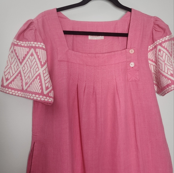 Vintage Pink Guatemalan Embroidered Huipil-Style Cotton Midi Dress M/L - Picture 4 of 14